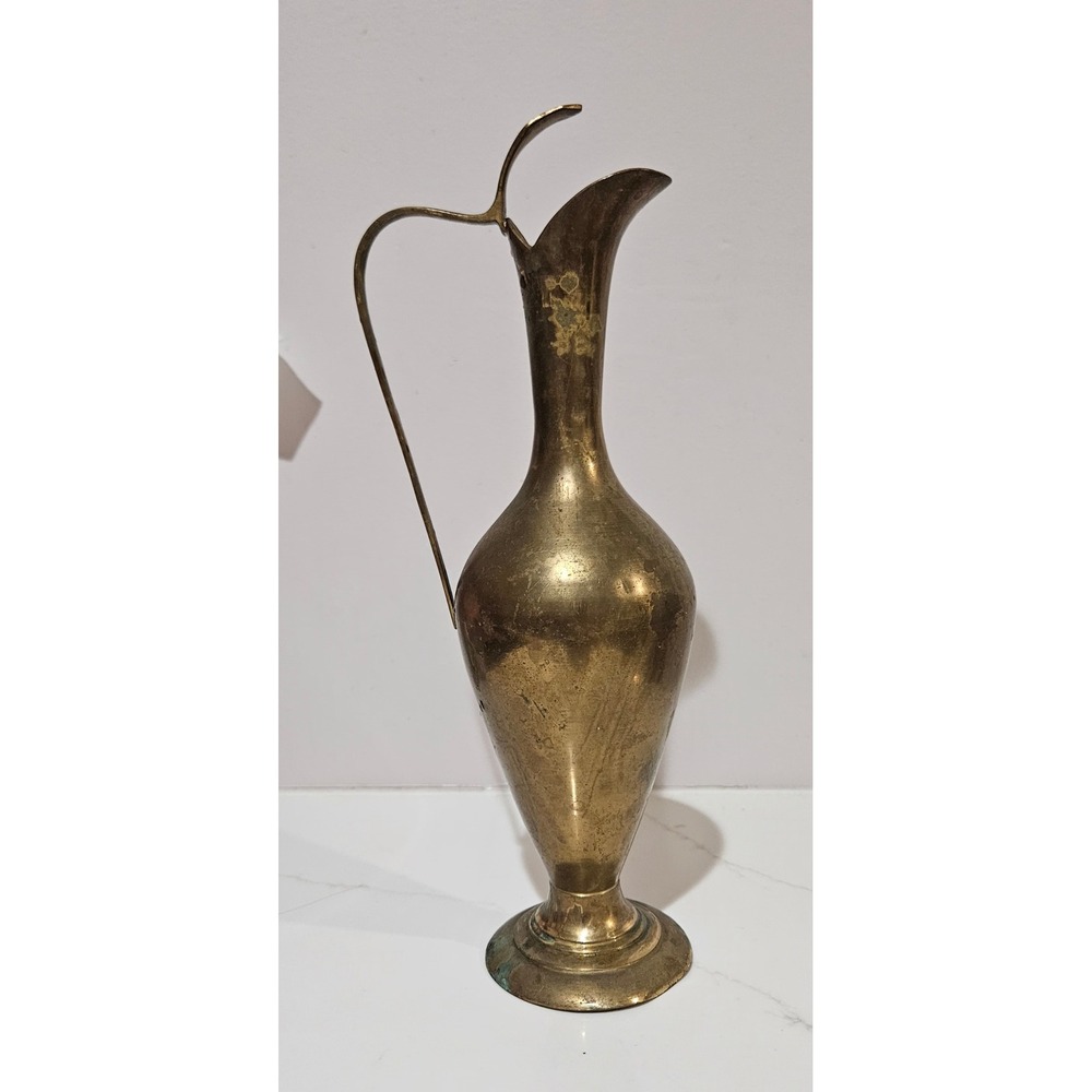 Vintage Brass Pitcher Ewer Tall Slender Decorative Metal Vase Aged Patina